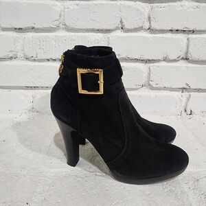 Tory Burch Black Suede Melrose Ankle Boots Leather Heels